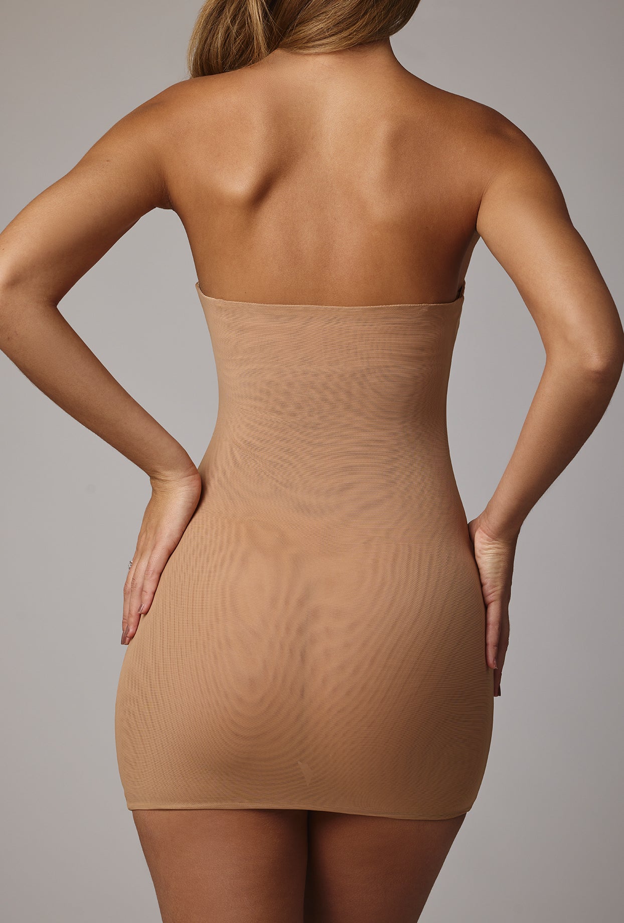 Soft Sheer-Mesh Bandeau Mini Slip Dress in Almond