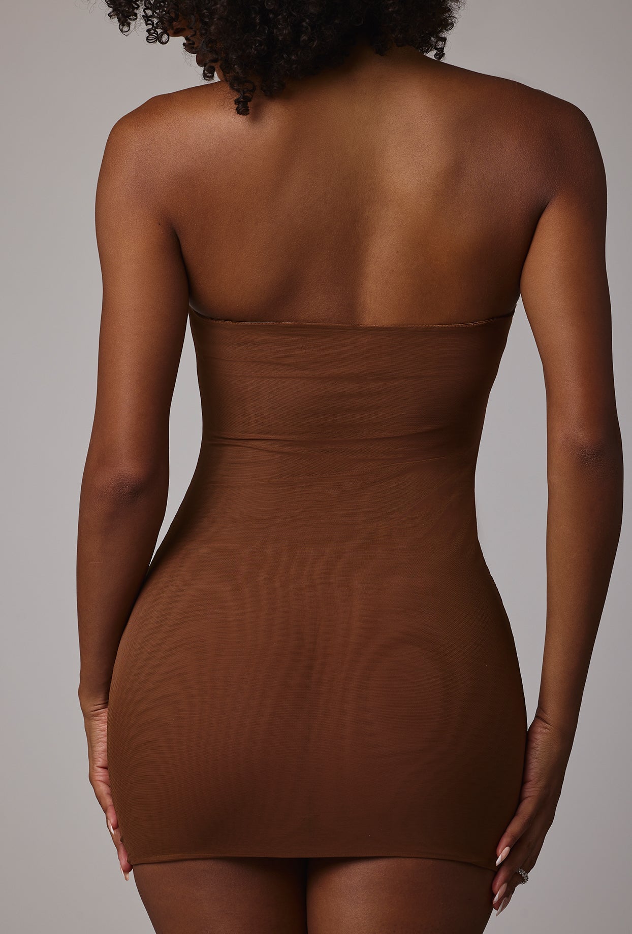 Soft Sheer-Mesh Bandeau Mini Slip Dress in Mocha