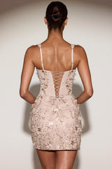 Embellished Appliqué Corset Mini Dress in Pale Gold