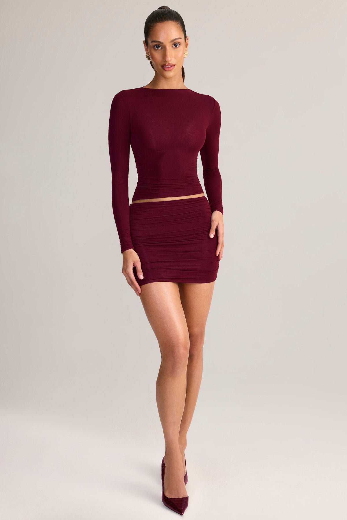Modal Ruched Mid-Rise Mini Skirt in Wine Red