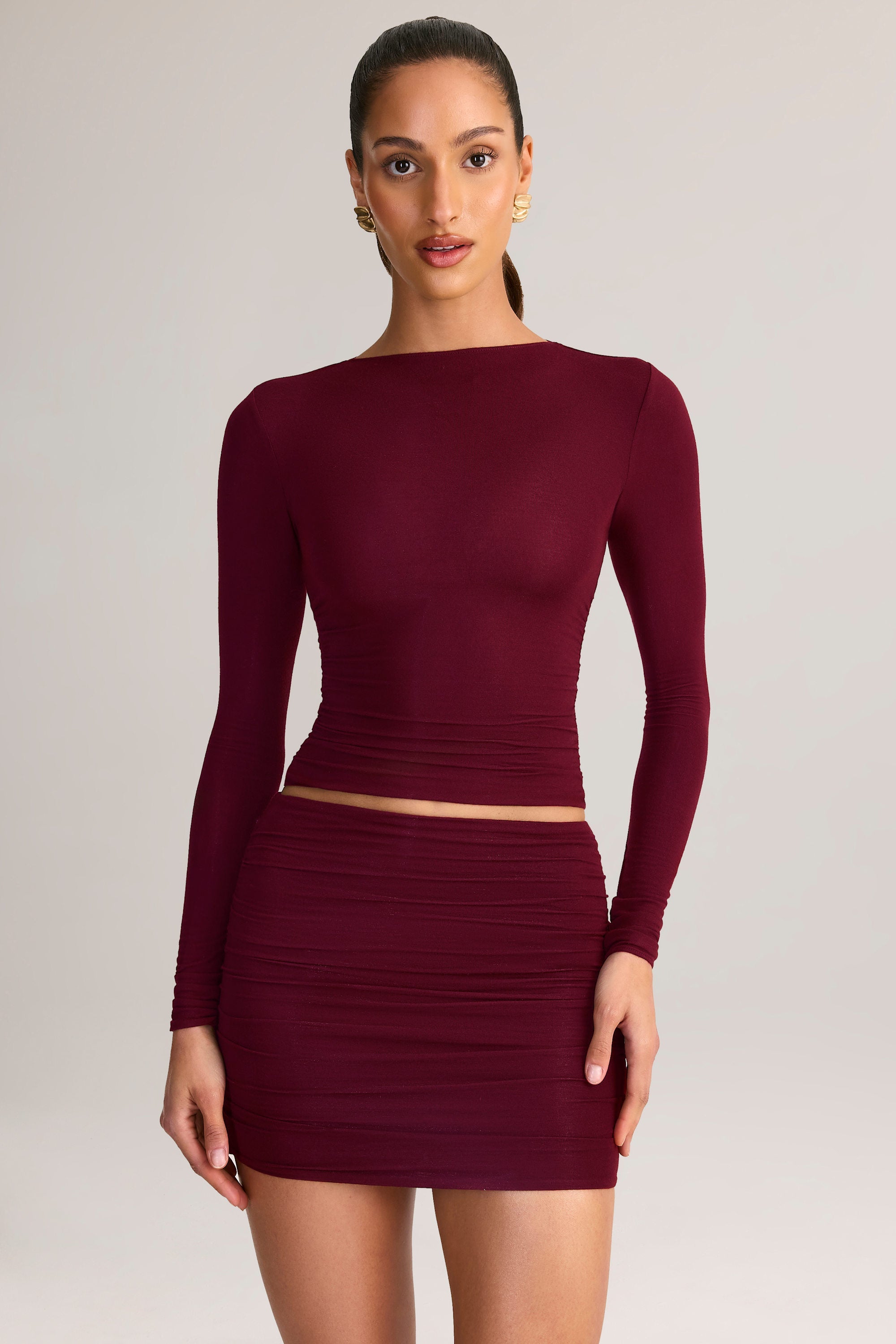 Modal Ruched Mid-Rise Mini Skirt in Wine Red