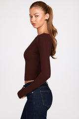 Ribbed Modal Ruched Long-Sleeve Top in Chocolate Brown