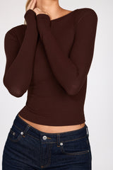 Ribbed Modal Ruched Long-Sleeve Top in Chocolate Brown