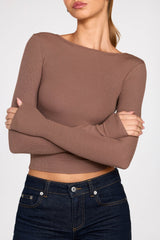 Ribbed Modal Ruched Long-Sleeve Top in Mocha