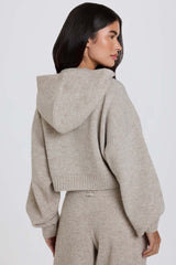 Soft Knit Zip-Up Cropped Hoodie in Beige