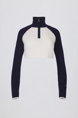 Ribbed Knit Quarter-Zip Cropped Jumper in Classic Navy