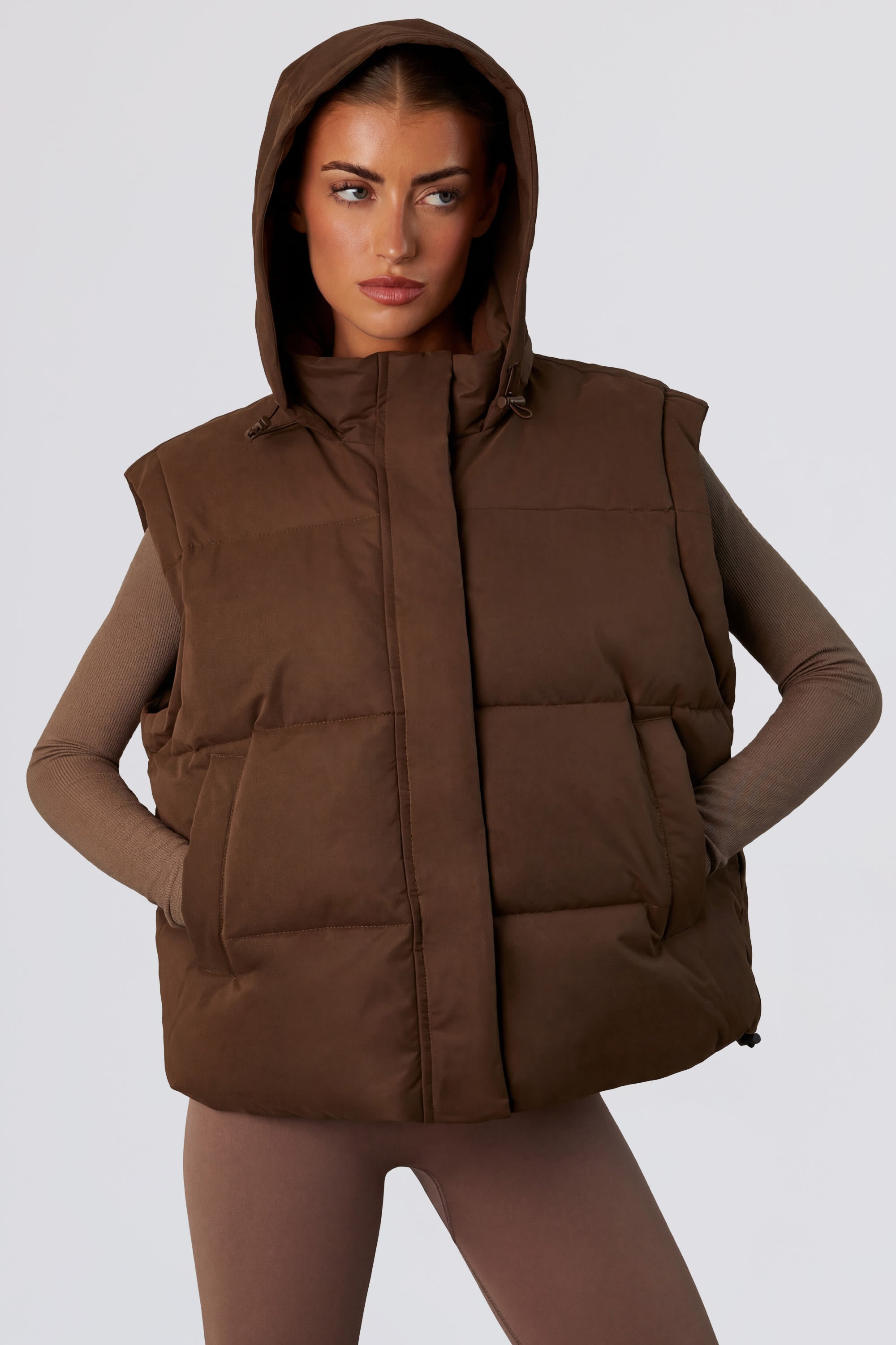 Cropped Puffer Jacket with Detachable Sleeves in Cocoa Brown