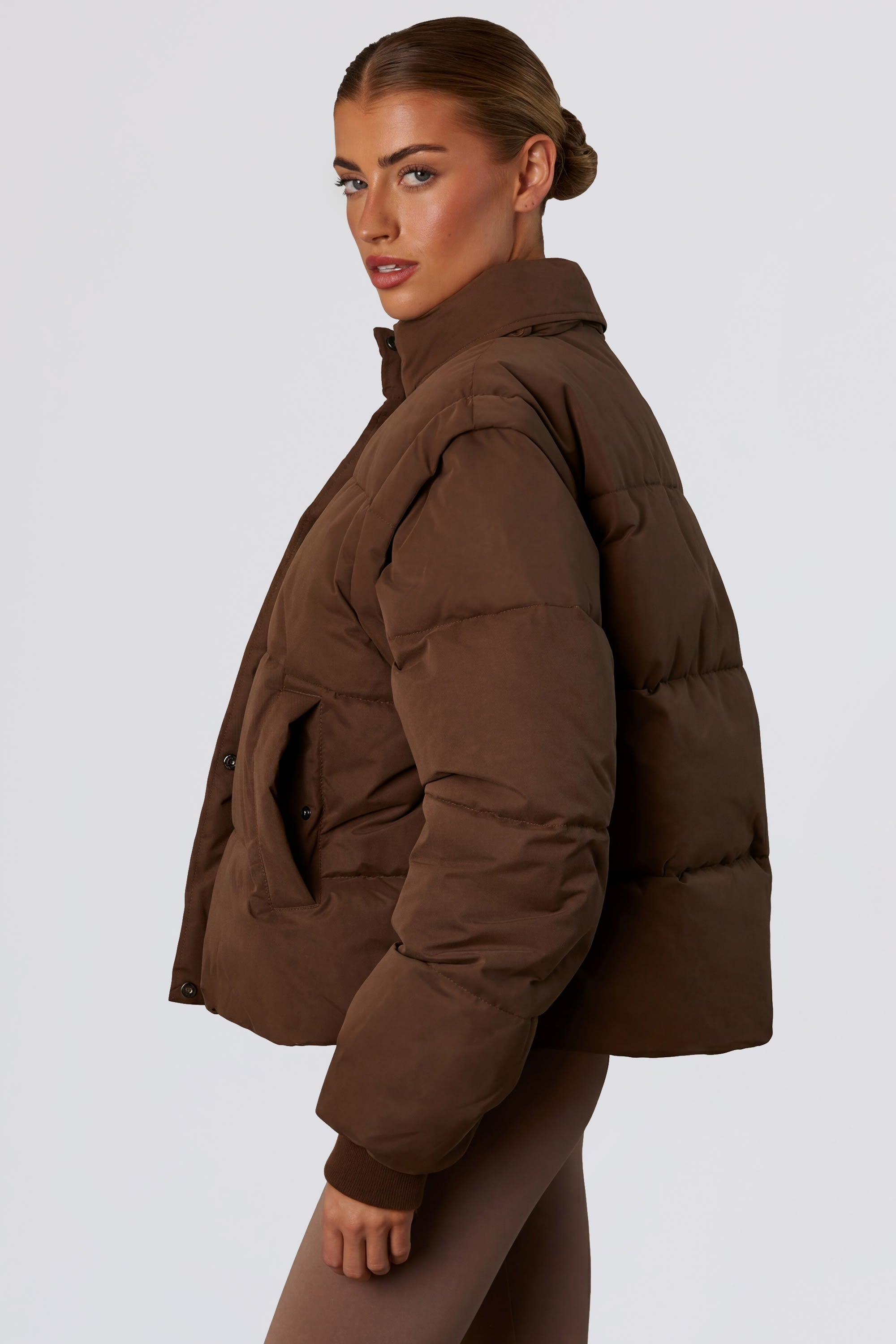 Cropped Puffer Jacket with Detachable Sleeves in Cocoa Brown