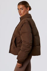 Cropped Puffer Jacket with Detachable Sleeves in Cocoa Brown