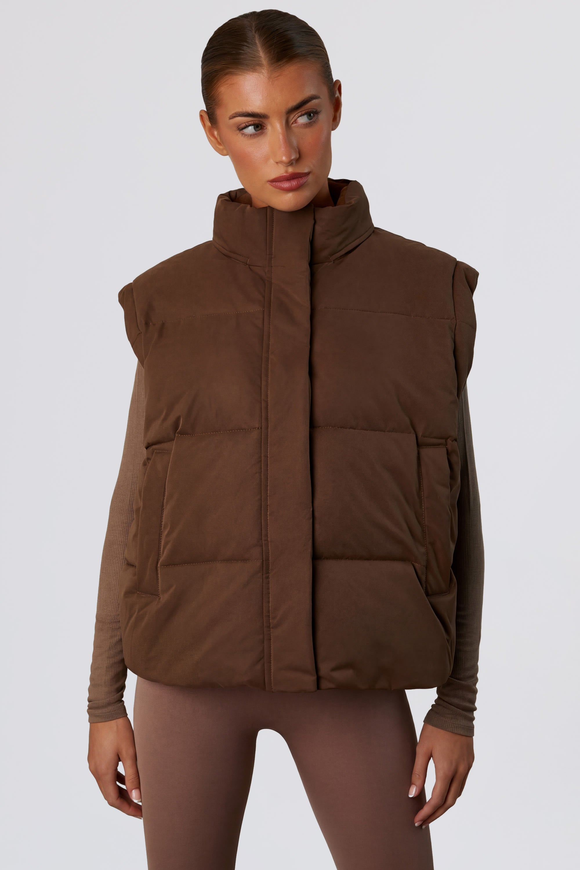 Cropped Puffer Jacket with Detachable Sleeves in Cocoa Brown