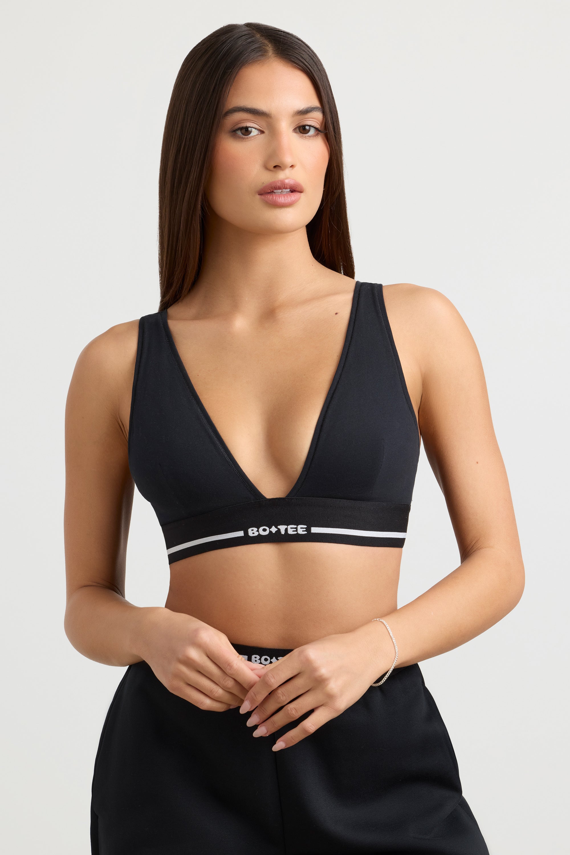 Stretch Cotton Jersey Plunge-Neck Crop Top in Black