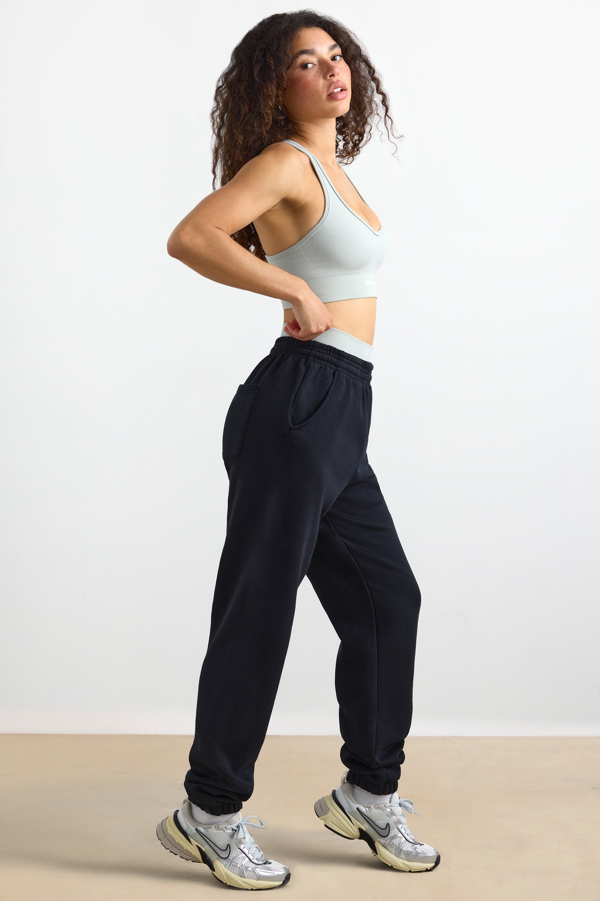 Cotton Fleece Mid-Rise Joggers in Black