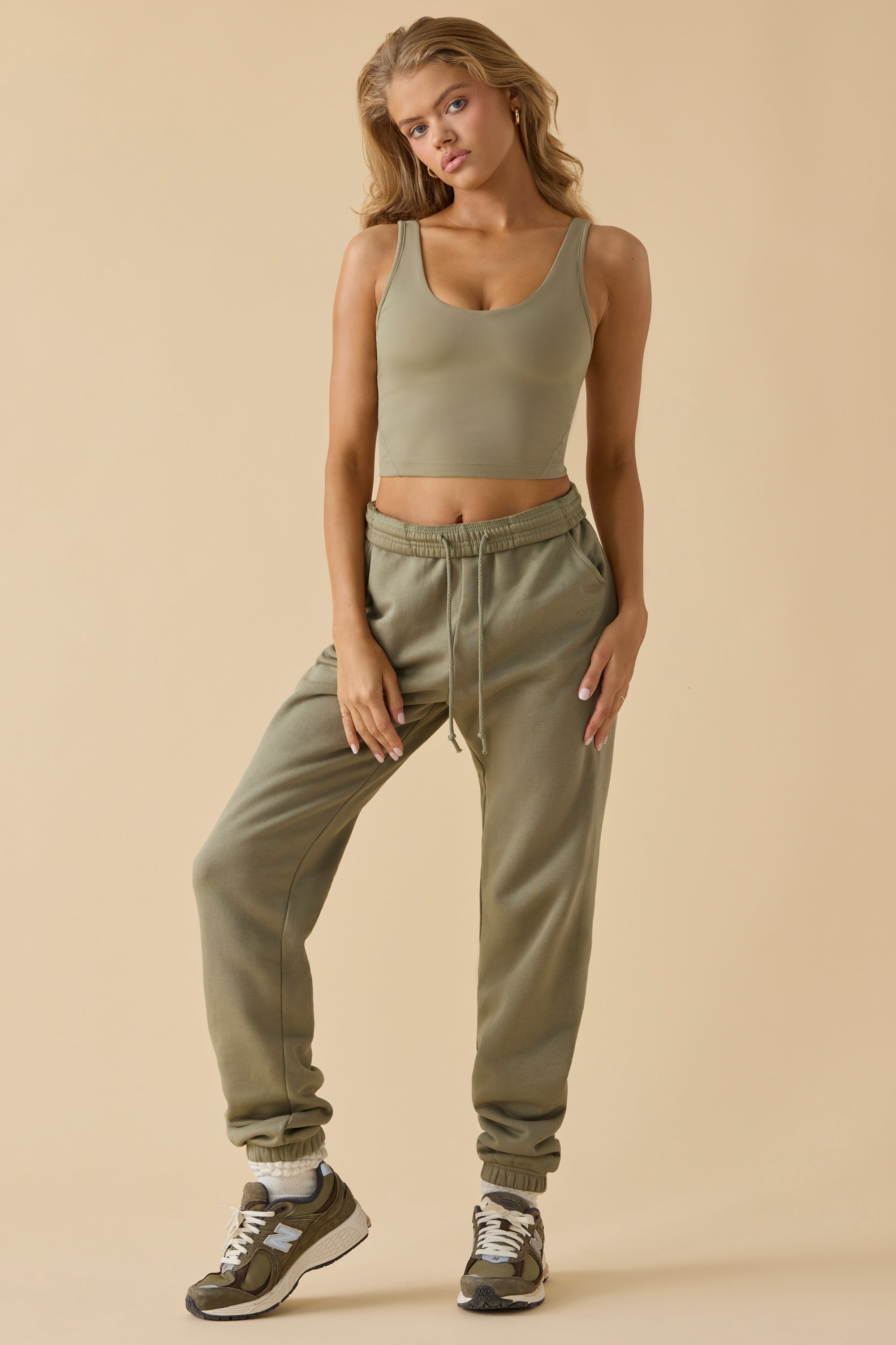 Cotton Fleece Mid-Rise Joggers in Khaki Green