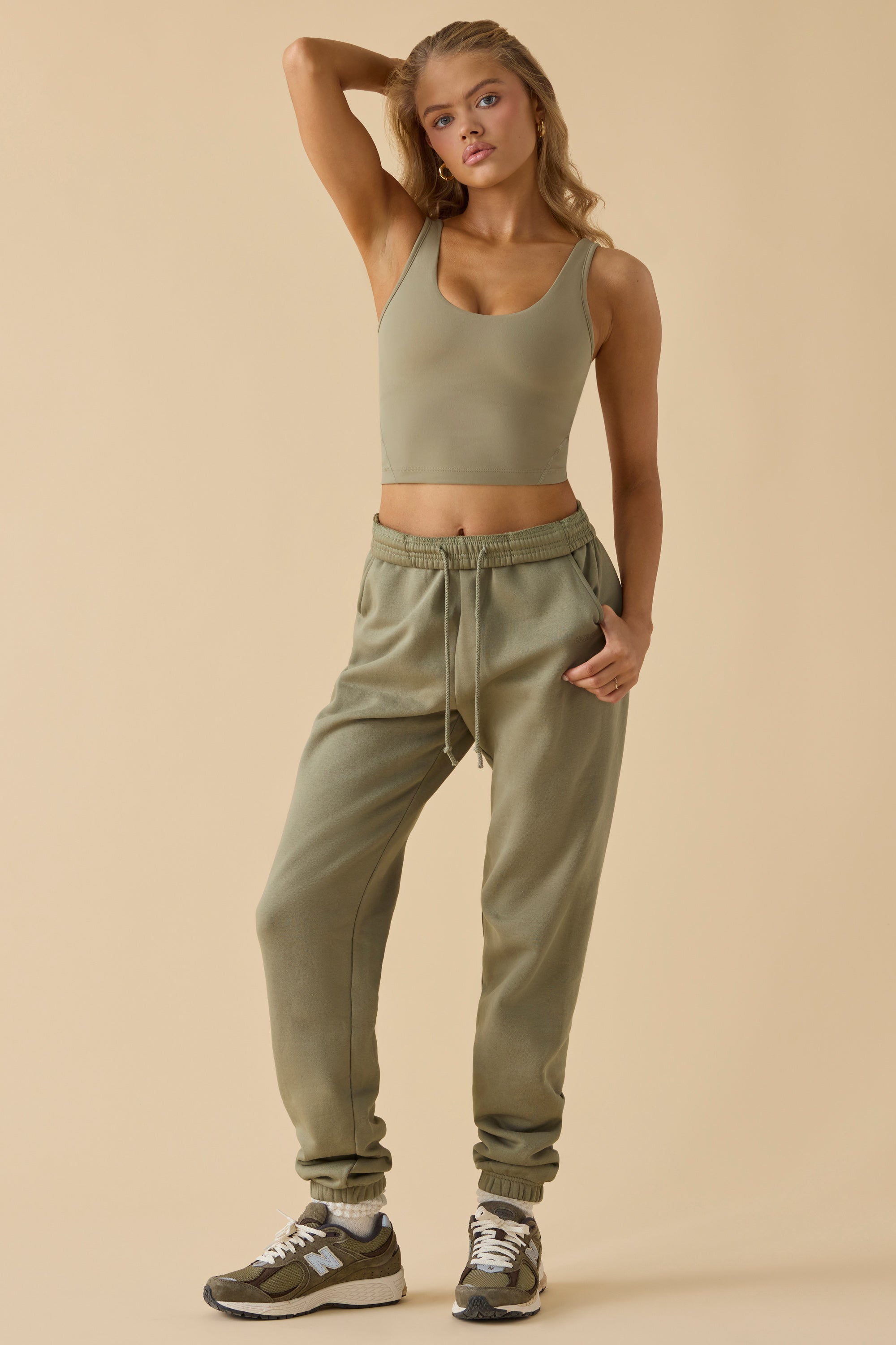 Cotton Fleece Mid-Rise Joggers in Khaki Green