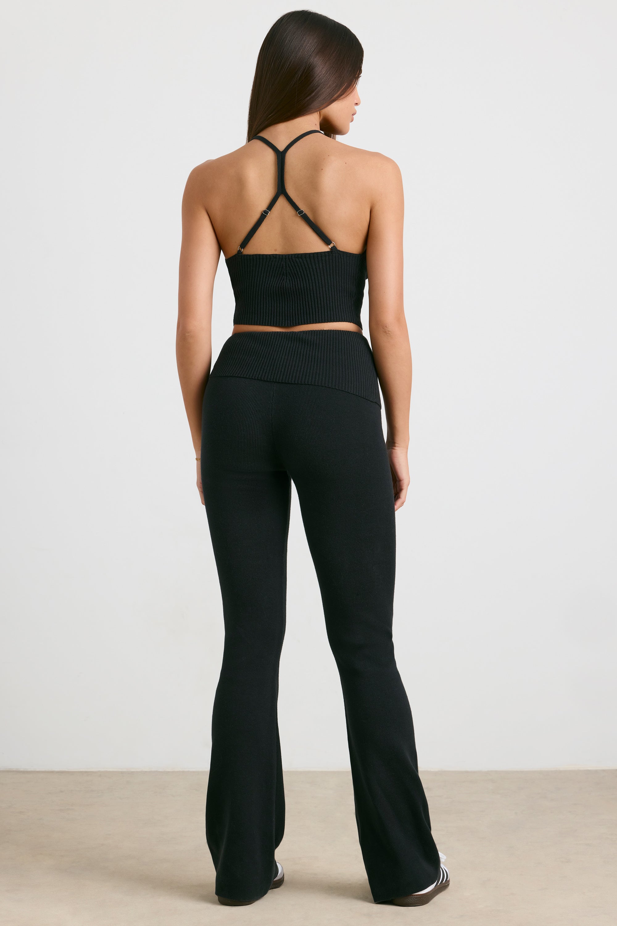 Chunky Knit Foldover Kick Flare Trousers in Black