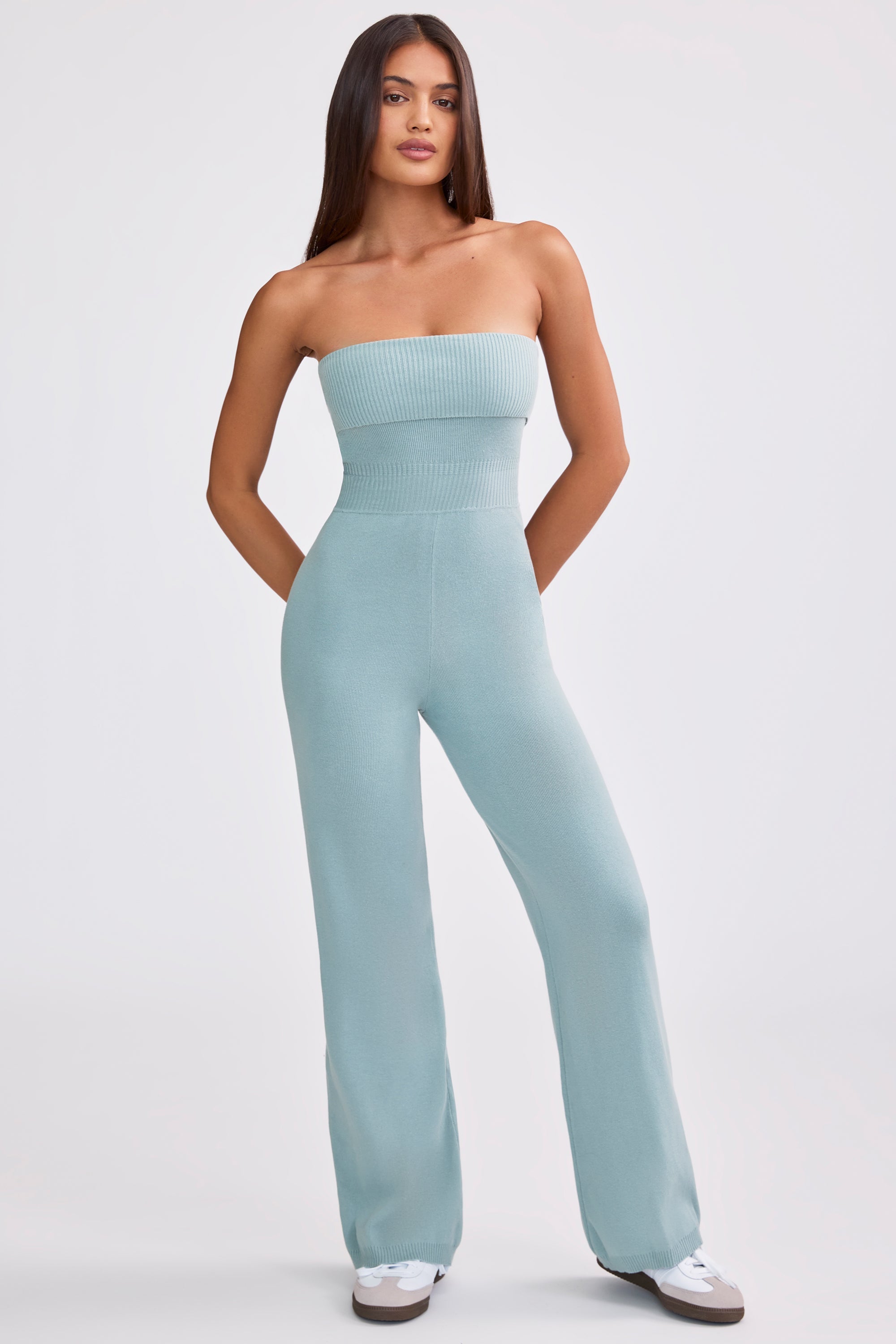 Chunky Knit Bandeau Kick Flare Jumpsuit in Dusty Teal