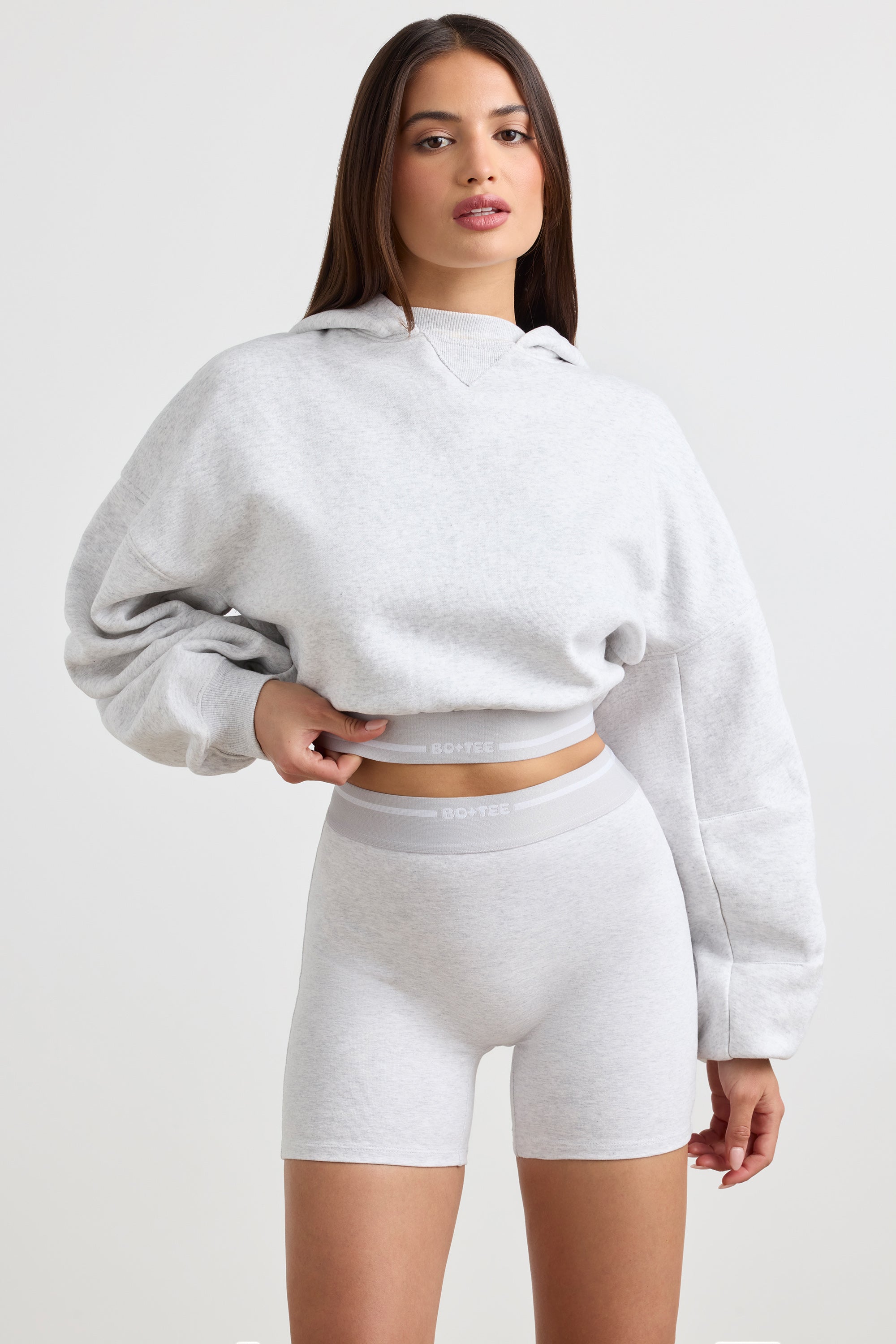 Stretch Cotton Fleece Cropped Hoodie in Grey Marl