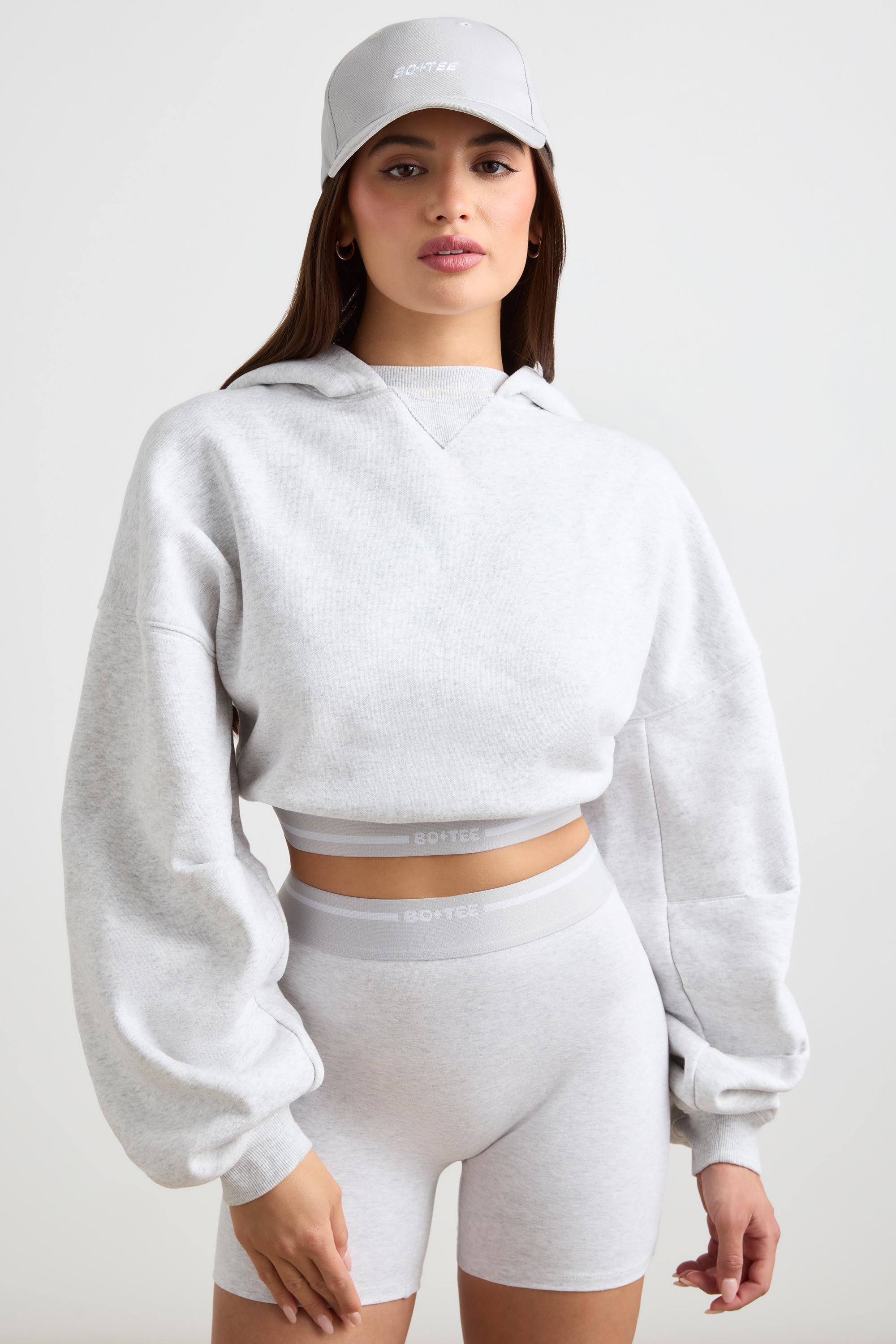 Stretch Cotton Fleece Cropped Hoodie in Grey Marl