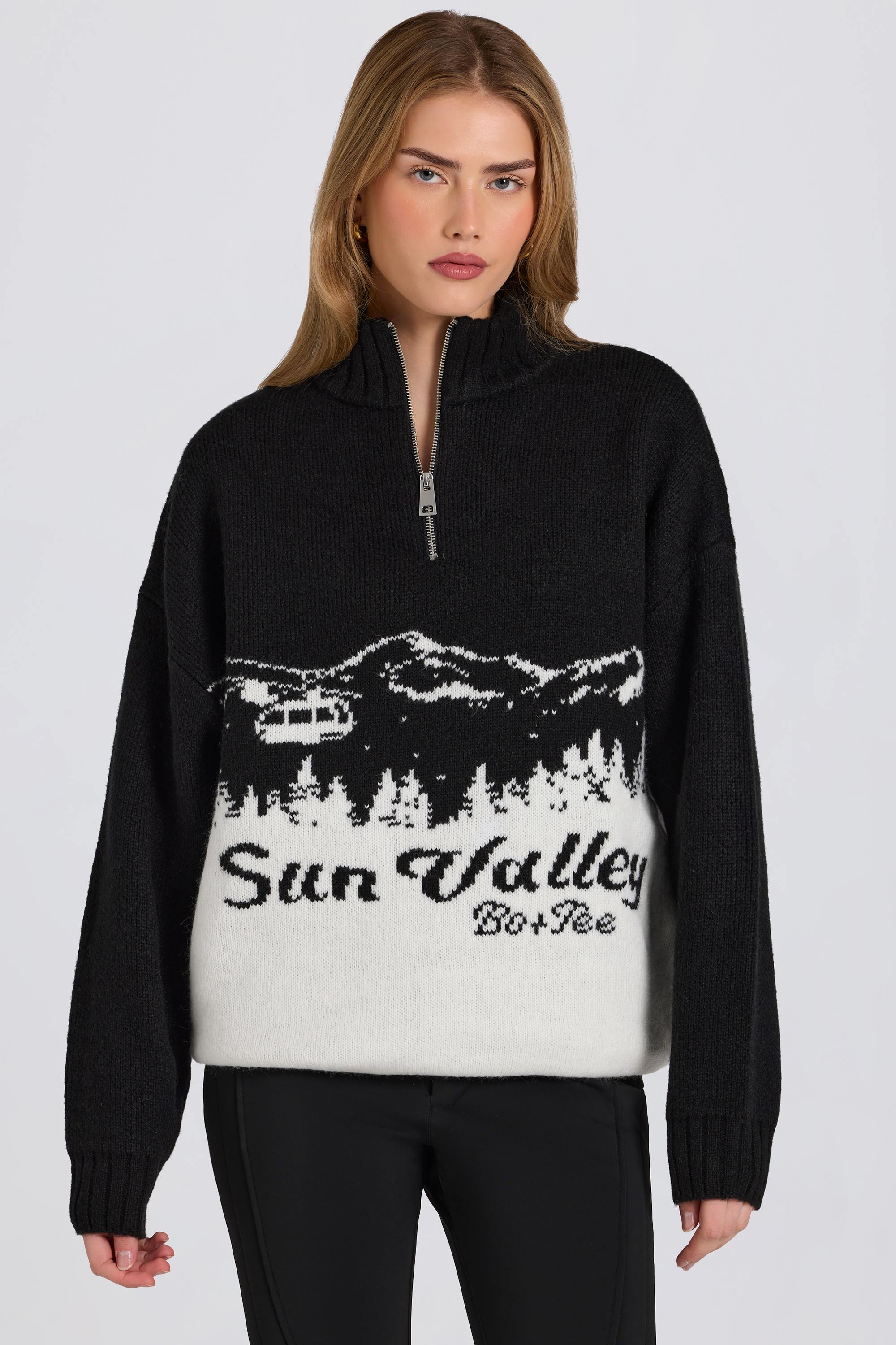 Knit Quarter-Zip Turtleneck Oversized Jumper in Black