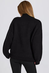 Knit Quarter-Zip Turtleneck Oversized Jumper in Black