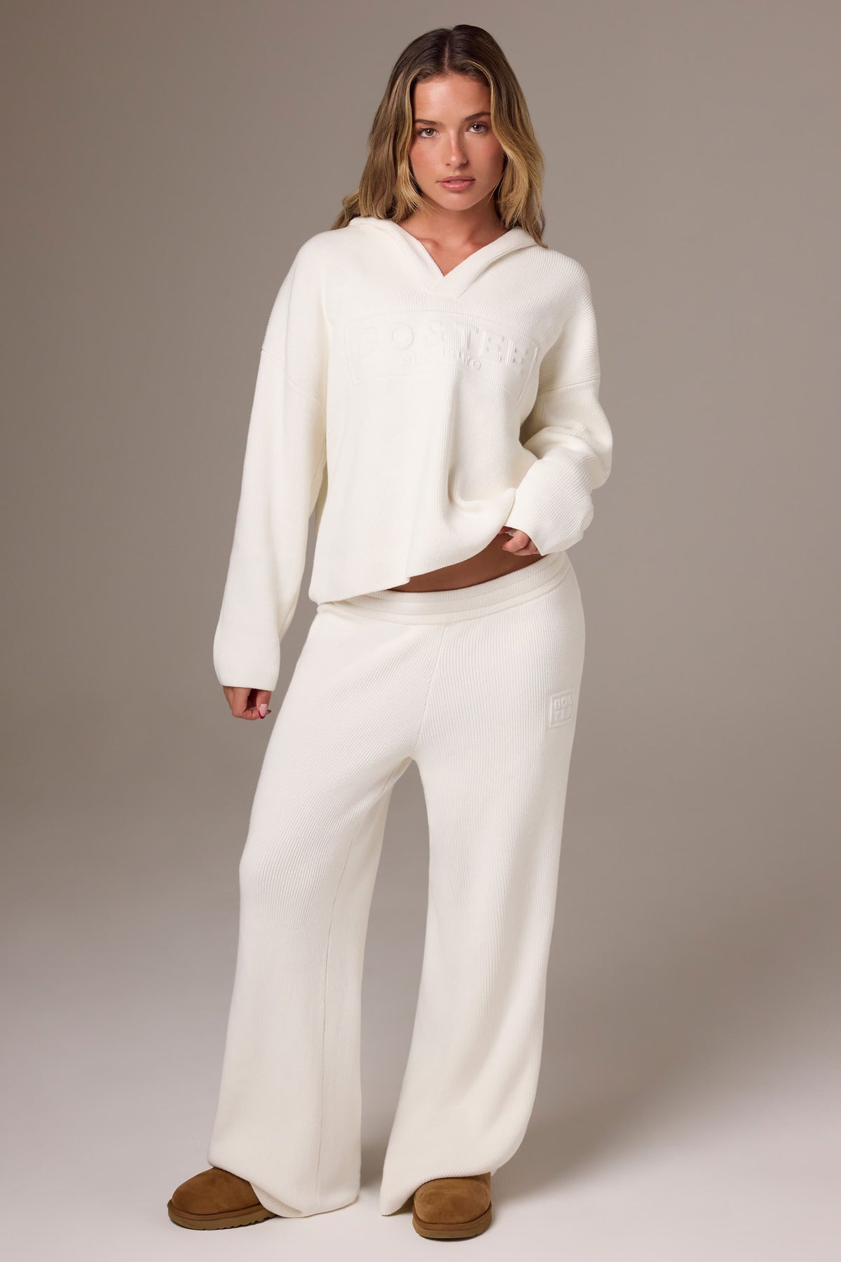 Ribbed Knit Wide-Leg Joggers in Ivory