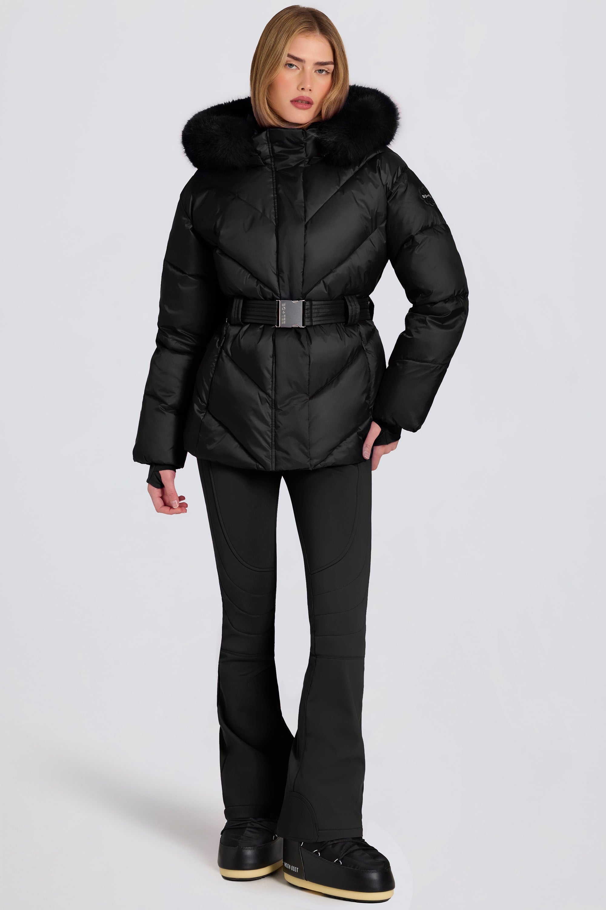 Waterproof Faux-Fur Hood Ski Jacket in Black