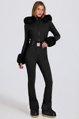Waterproof Faux-Fur Hood Fitted Ski Suit in Black