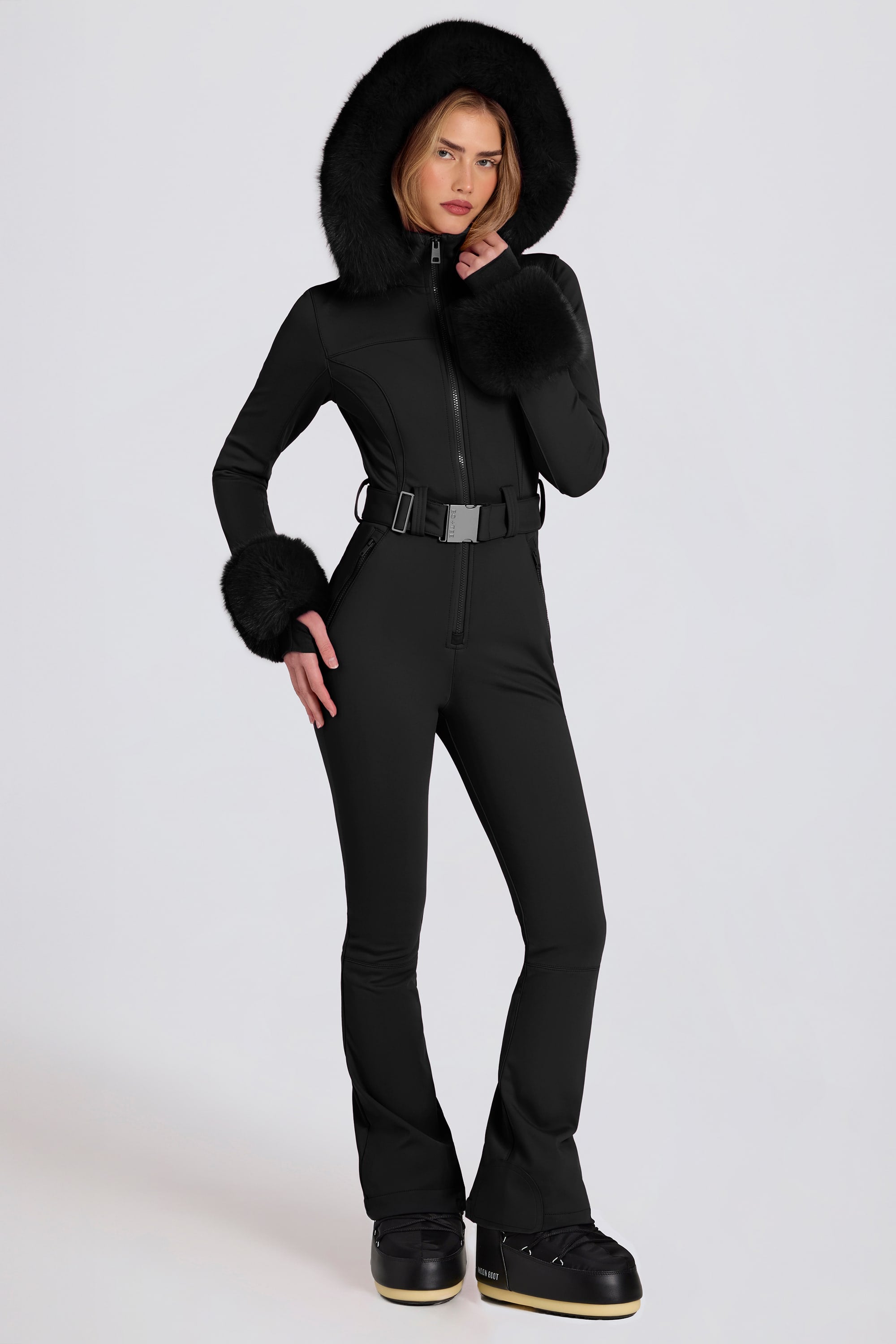 Waterproof Faux-Fur Hood Fitted Ski Suit in Black