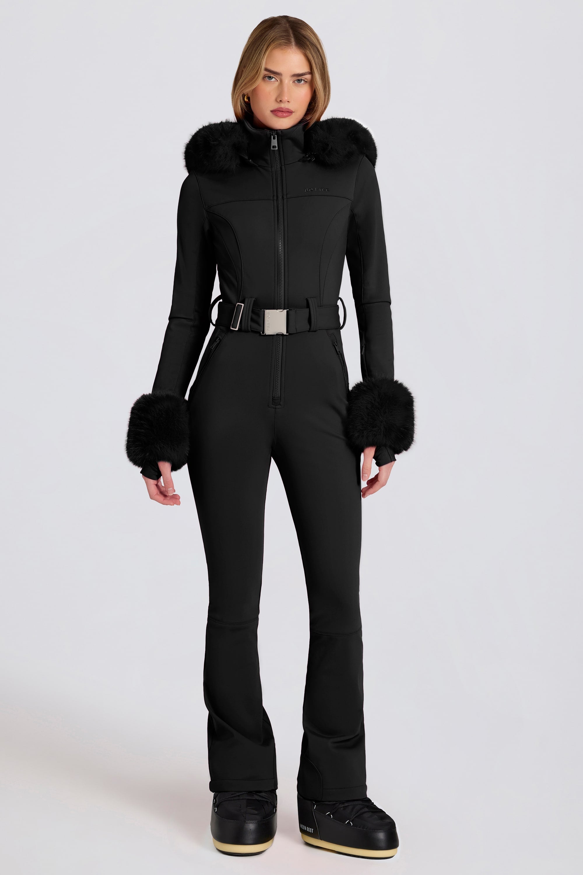 Waterproof Faux-Fur Hood Fitted Ski Suit in Black