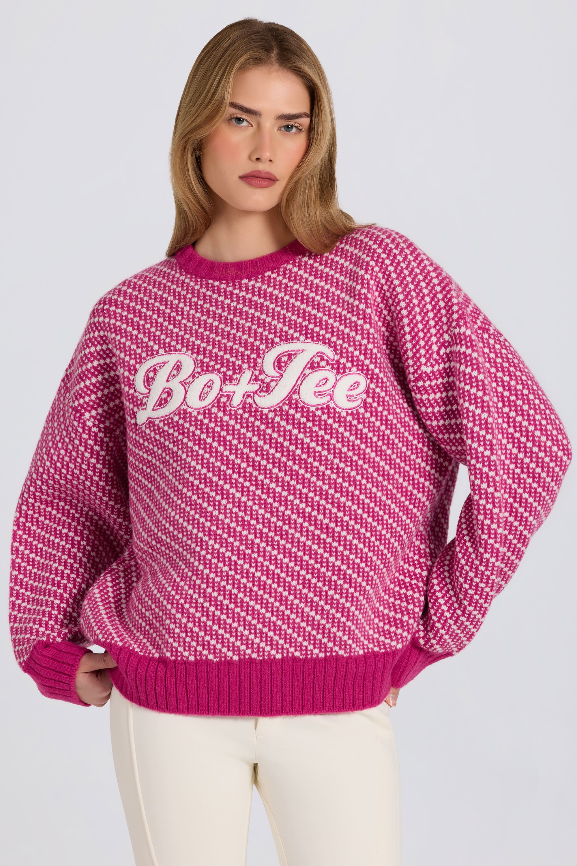 Knit Logo Oversized Jumper in Magenta Pink