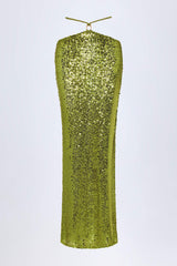 Embellished Hardware-Detail Strappy Maxi Skirt in Olive Green