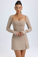 Modal Square-Neck Long-Sleeve Mini Dress in Taupe