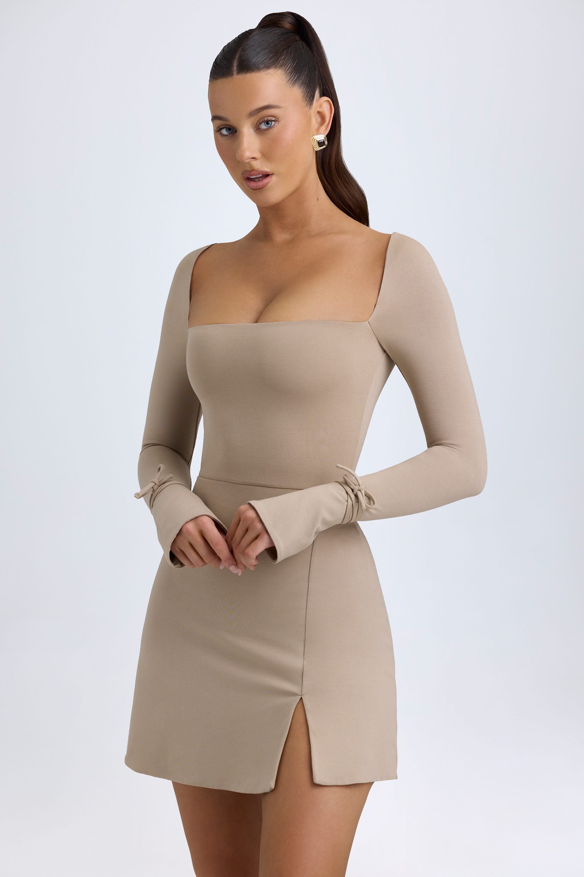 Modal Square-Neck Long-Sleeve Mini Dress in Taupe