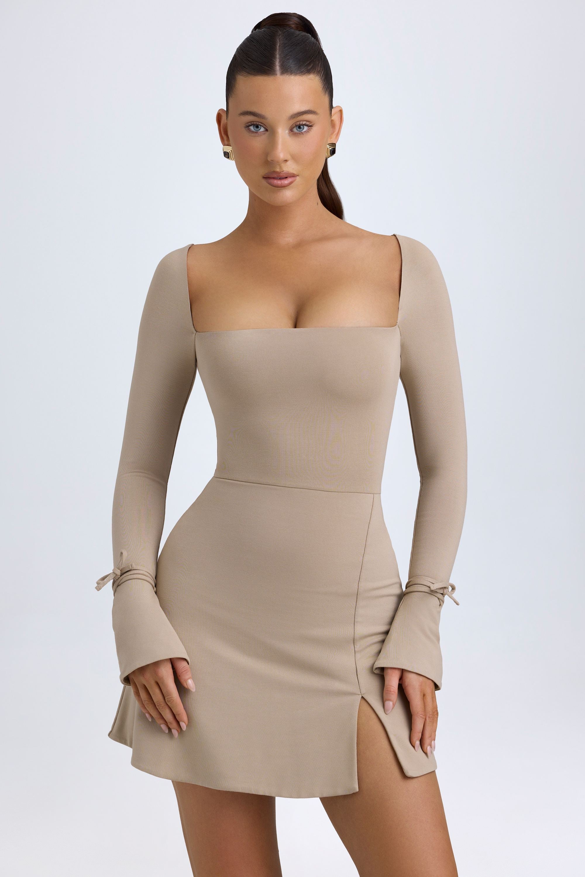 Modal Square-Neck Long-Sleeve Mini Dress in Taupe