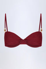 Bead-Embellished Ruched Underwired Bikini Top in Dark Cherry
