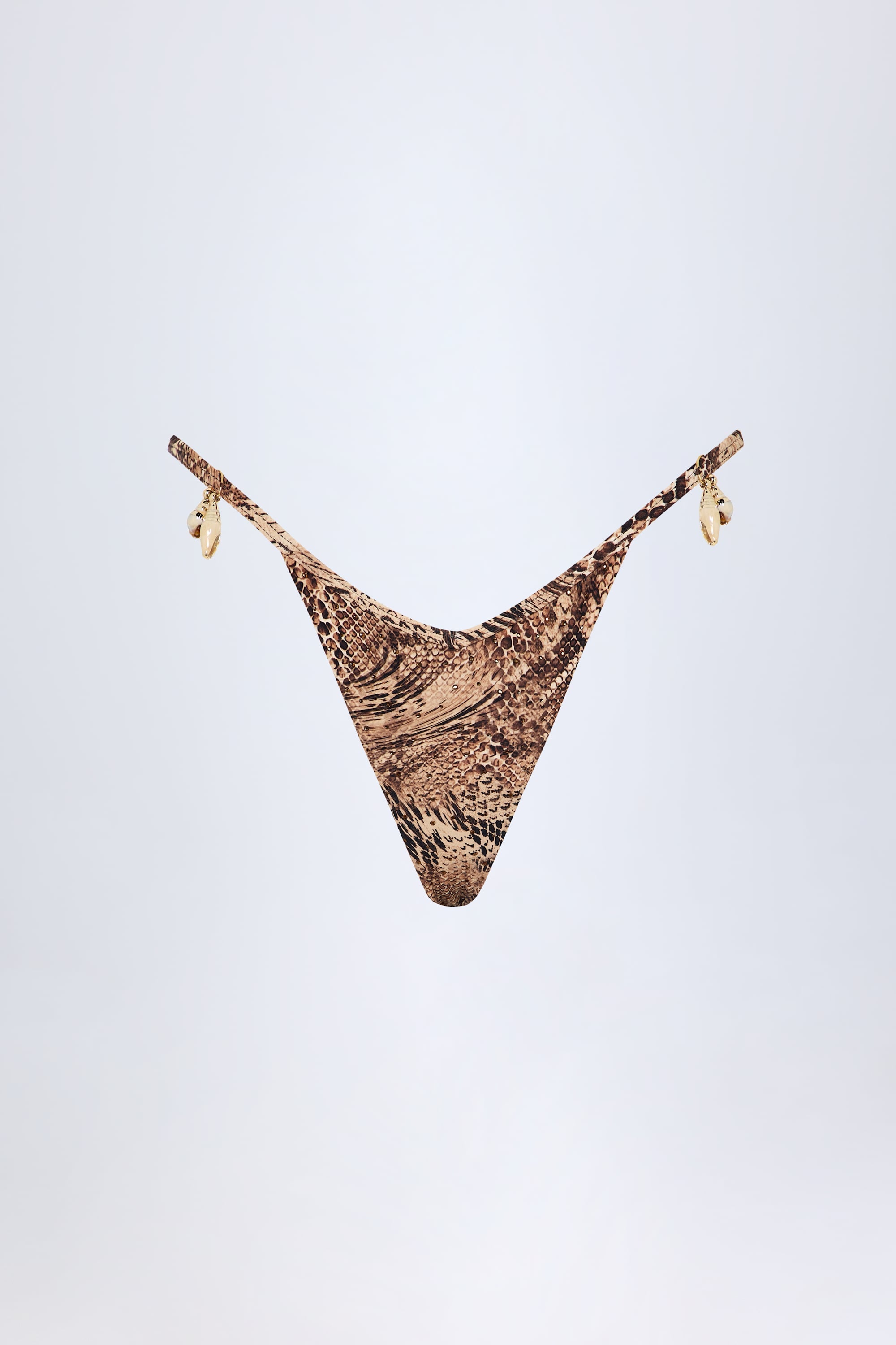 Charm-Detail Thong Bikini Bottoms in Snake Print