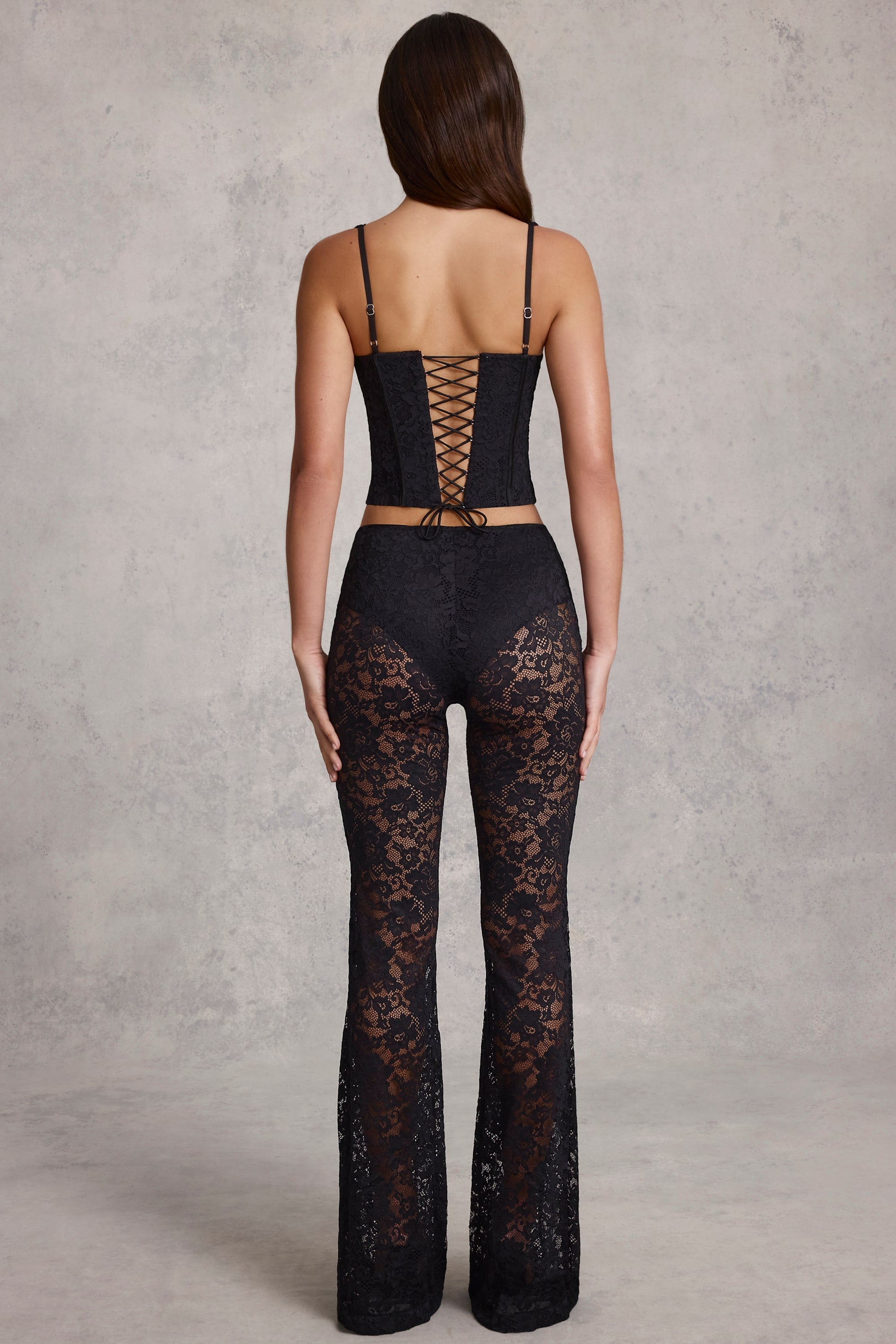 Sheer Lace Mid-Rise Flared Trousers in Black