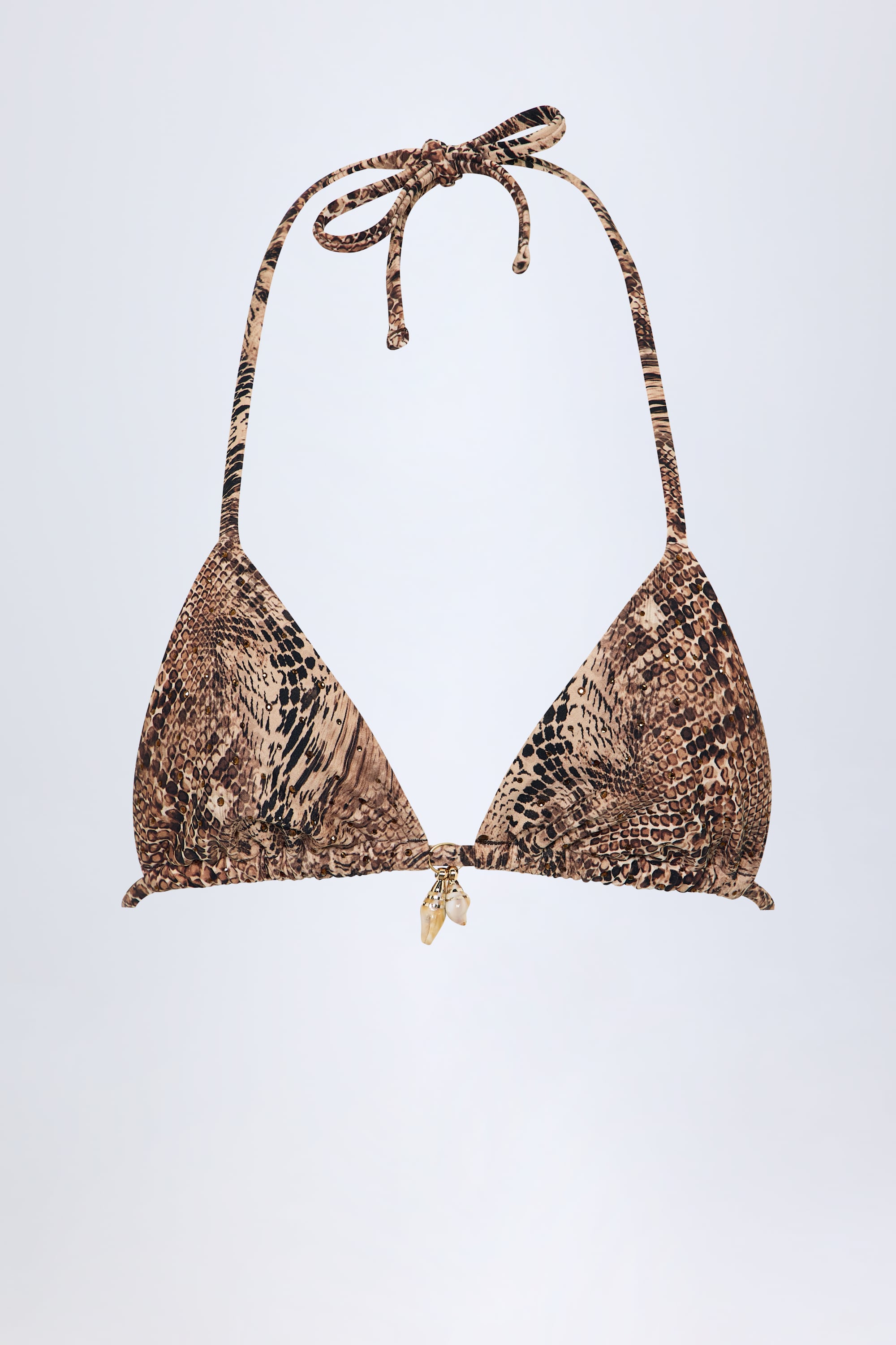 Charm-Detail Triangle Bikini Top in Snake Print