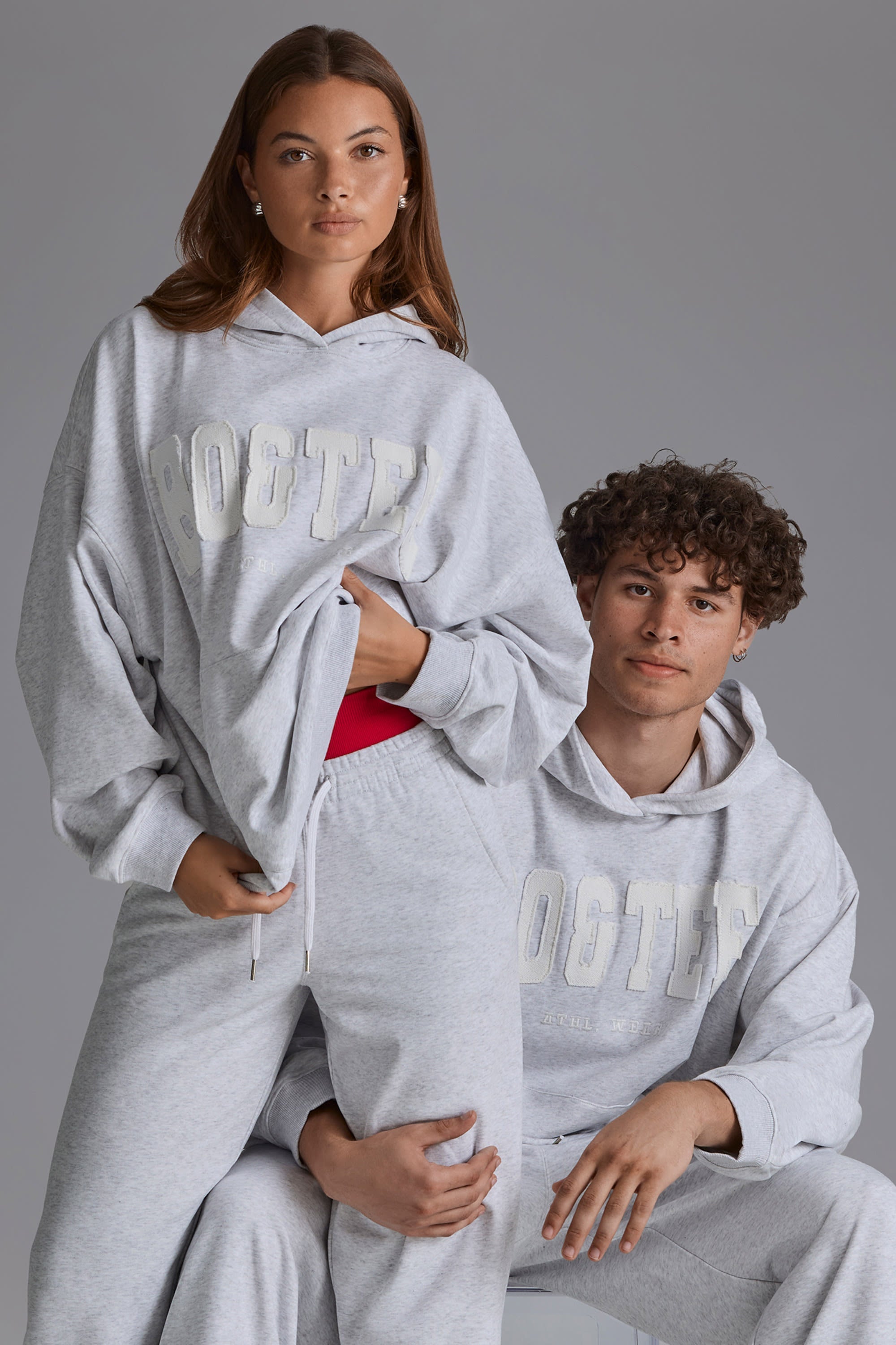 Cotton Fleece Appliqué Oversized Hoodie in Grey Marl