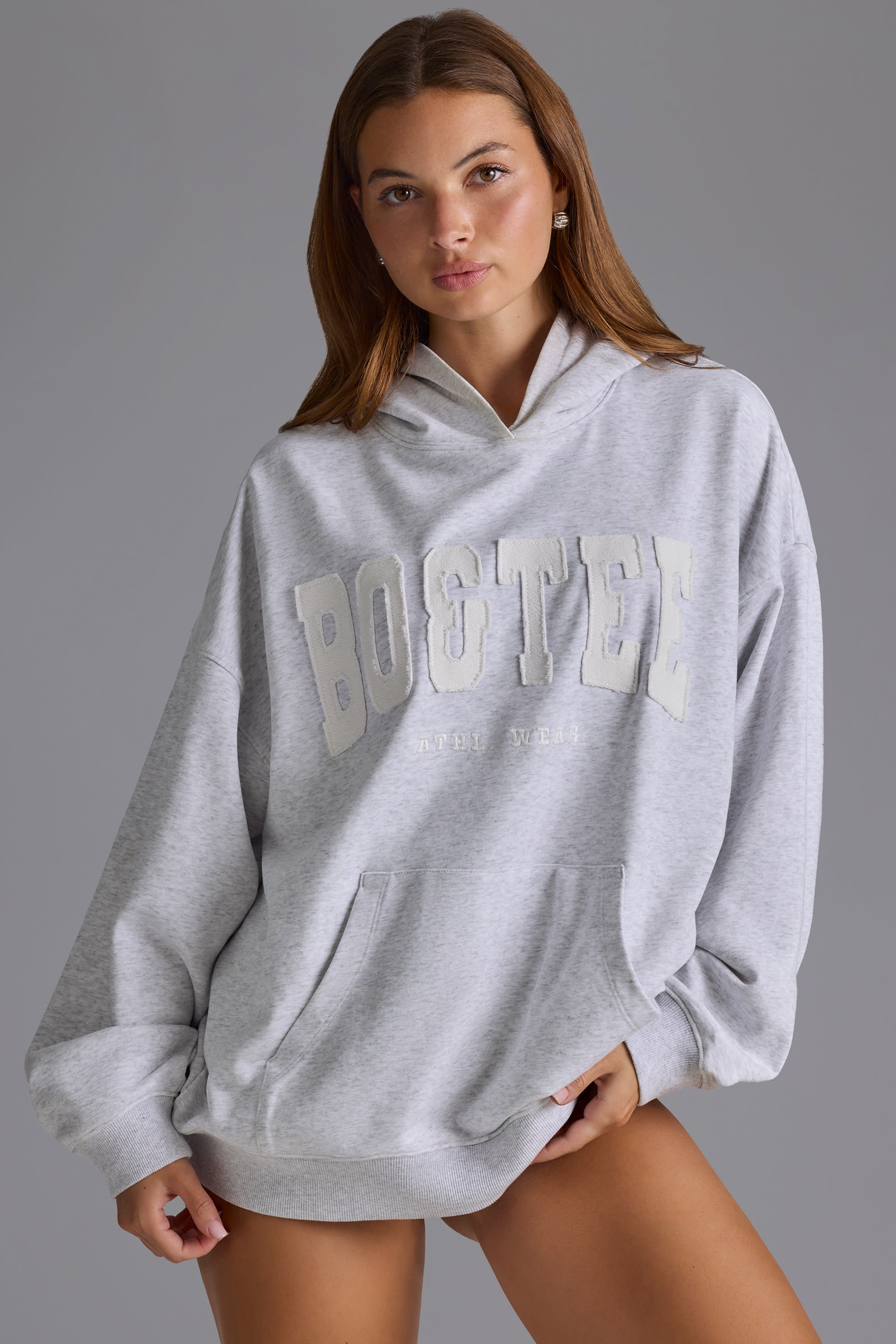 Cotton Fleece Appliqué Oversized Hoodie in Grey Marl