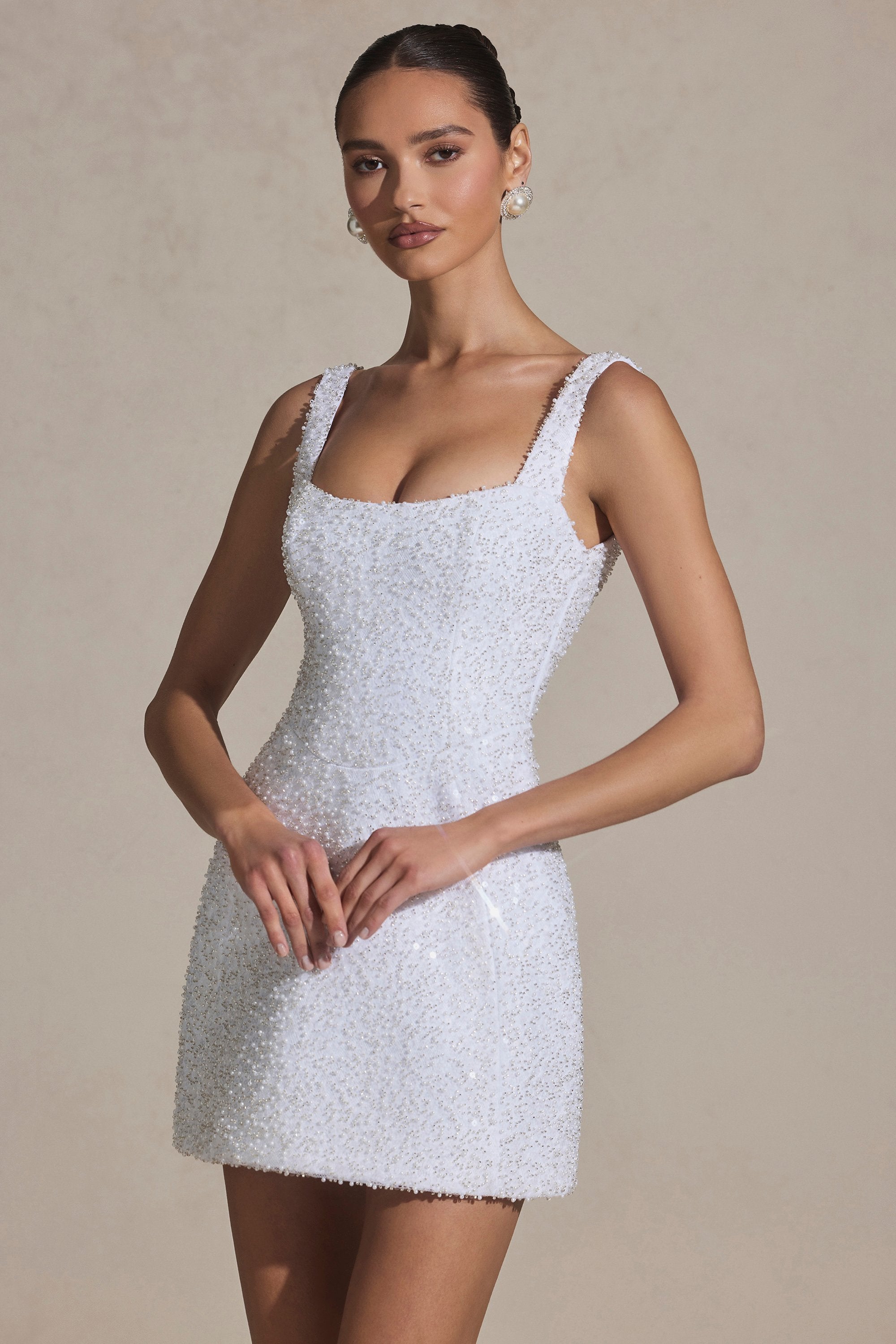 Embellished Structured A-Line Mini Dress in White