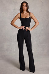 Scoop-Neck Corset Flared Leg Jumpsuit in Black