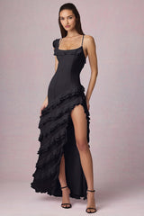 Asymmetric Ruffled Lace-Up Gown in Black