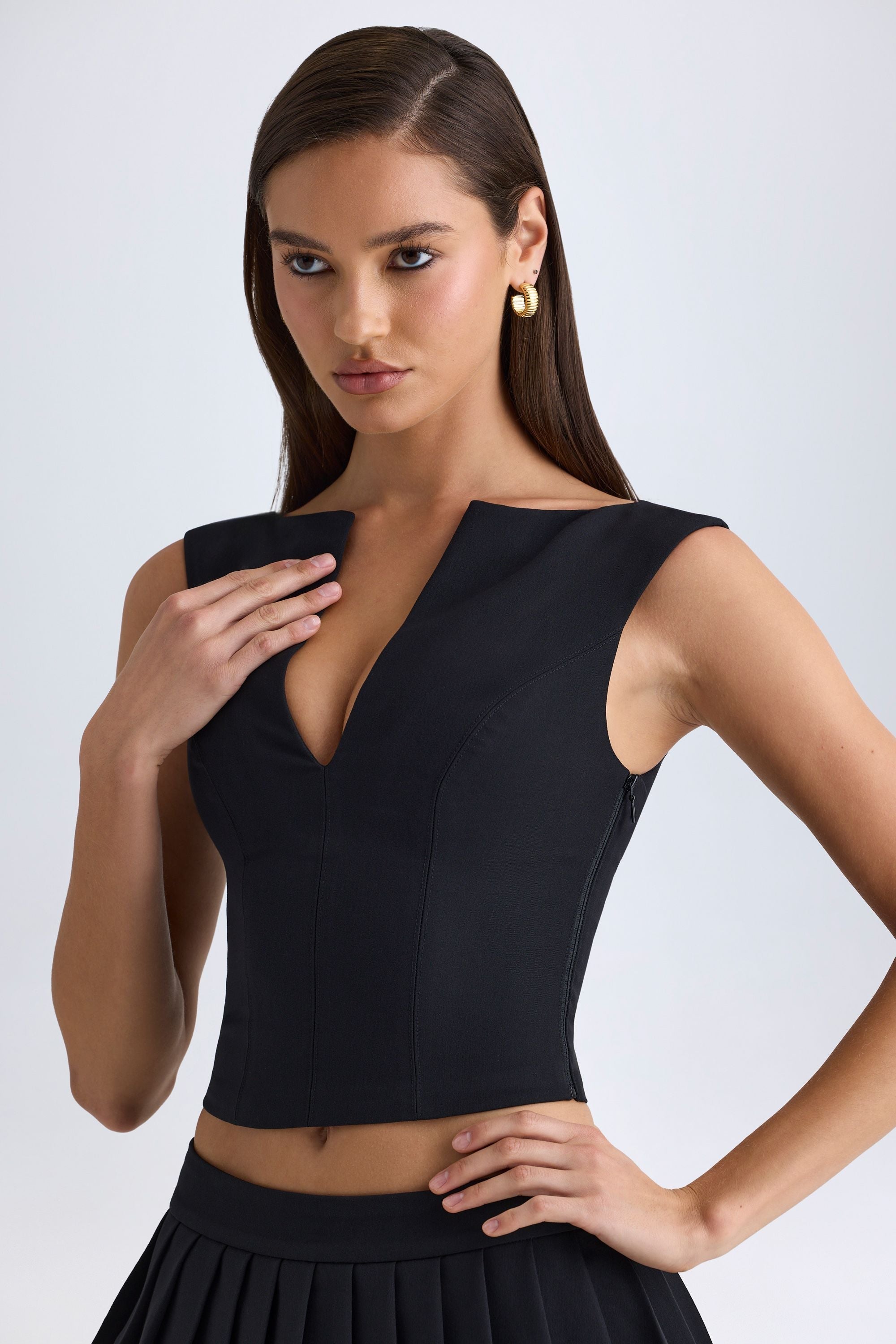 V-Neck Structured Crop Top in Black