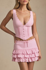 Layered Ruffled Low-Rise Mini Skirt in Soft Pink