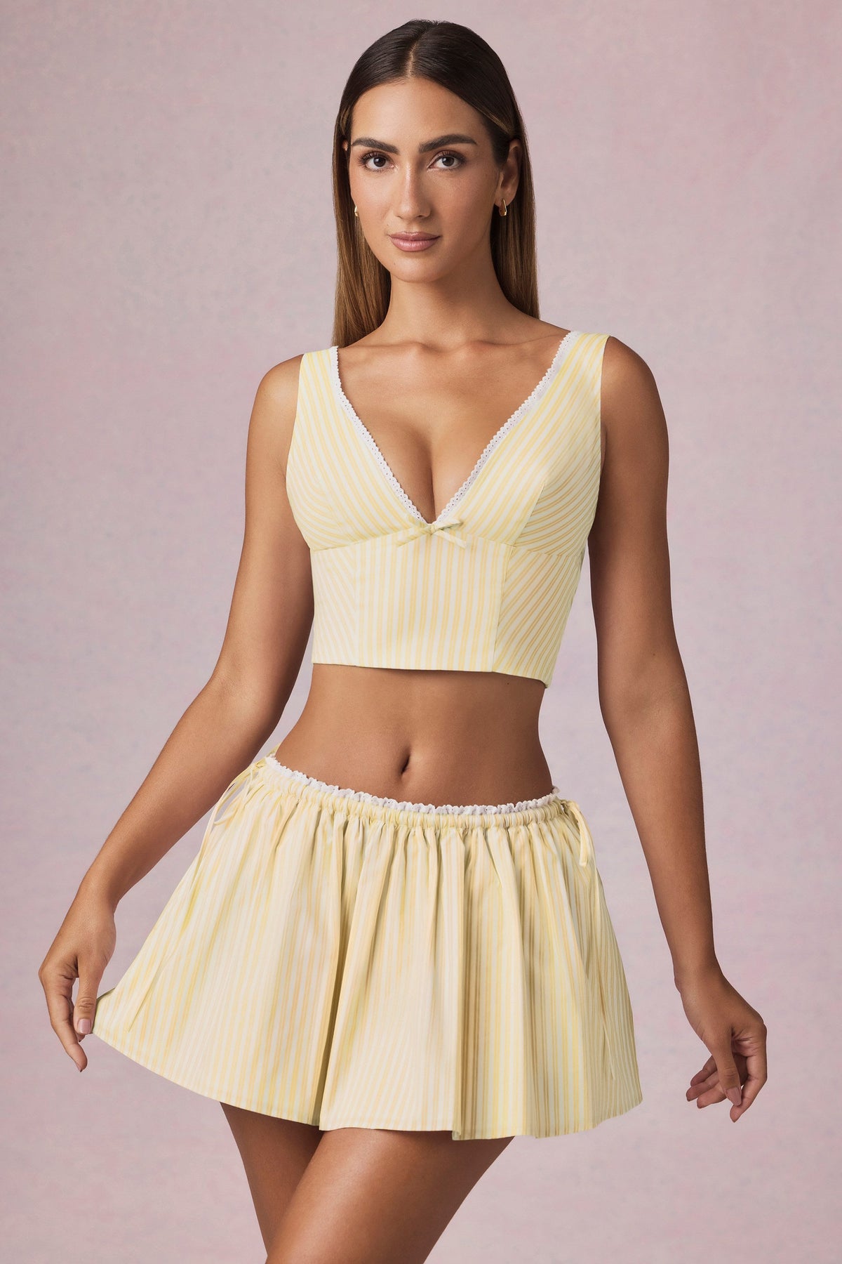 Ruched Drawstring Mini Skirt in Lemon Yellow Stripe