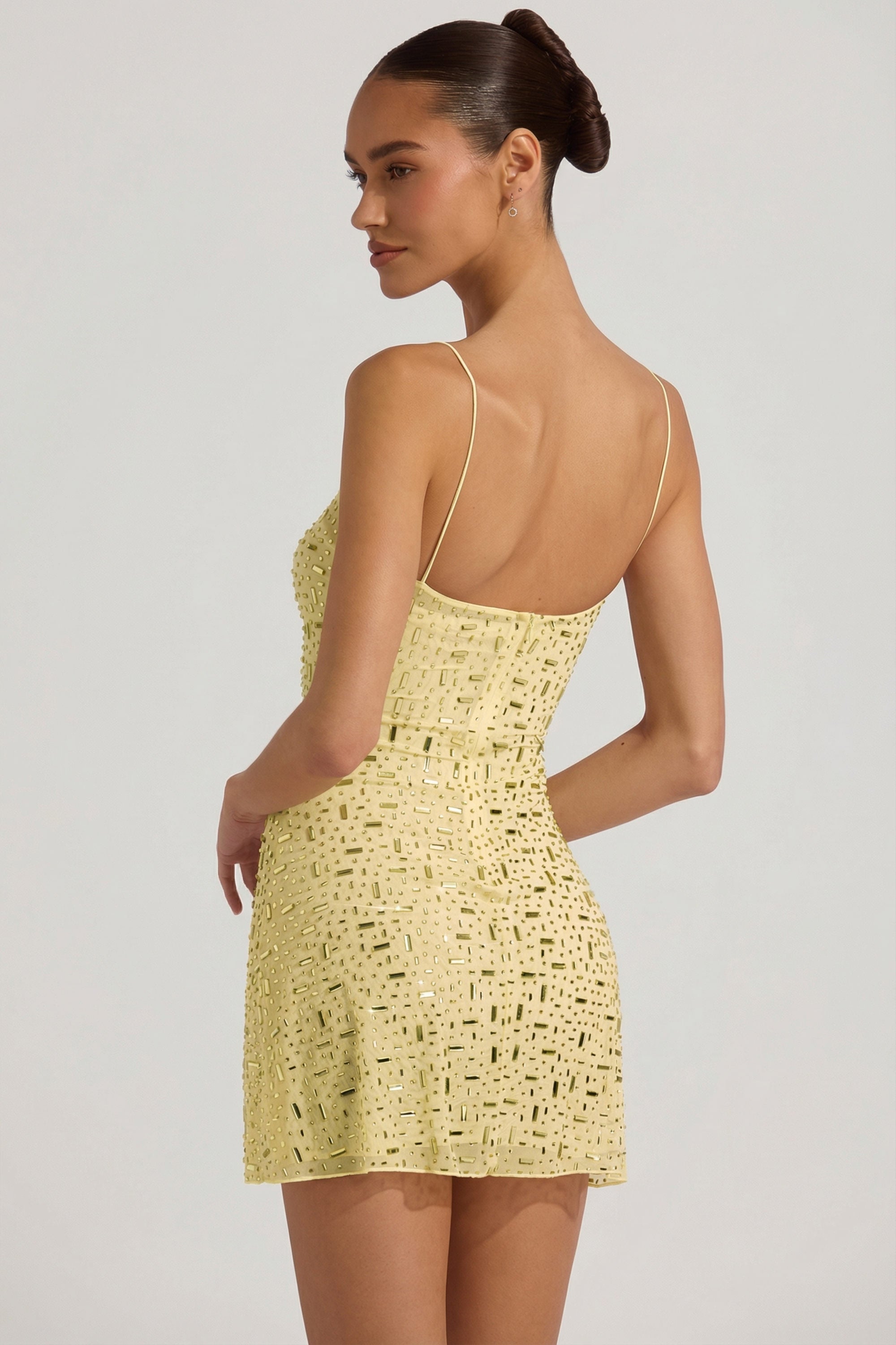 Sheer Embellished Square-Neck Mini Dress in Yellow