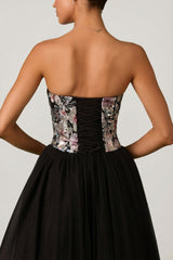 Embellished Lace-Up Cupless Corset in Floral Black