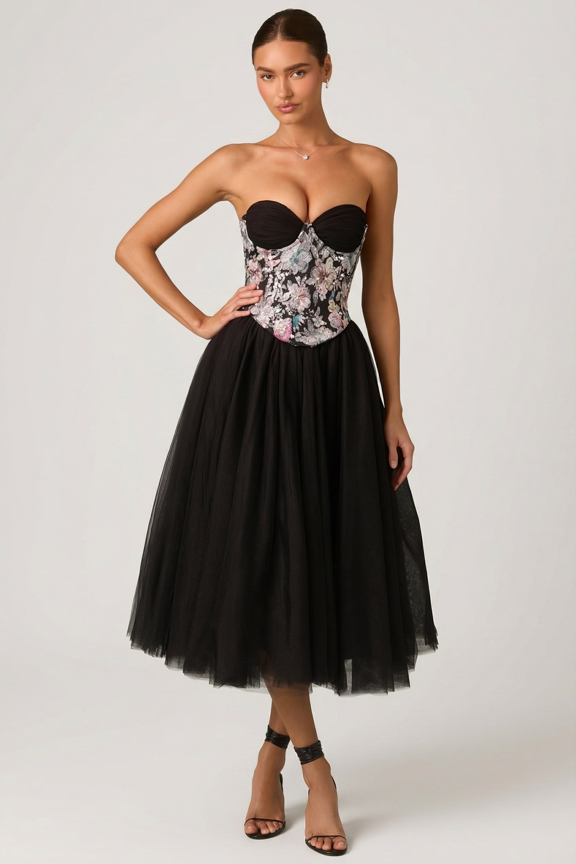Embellished Lace-Up Cupless Corset in Floral Black