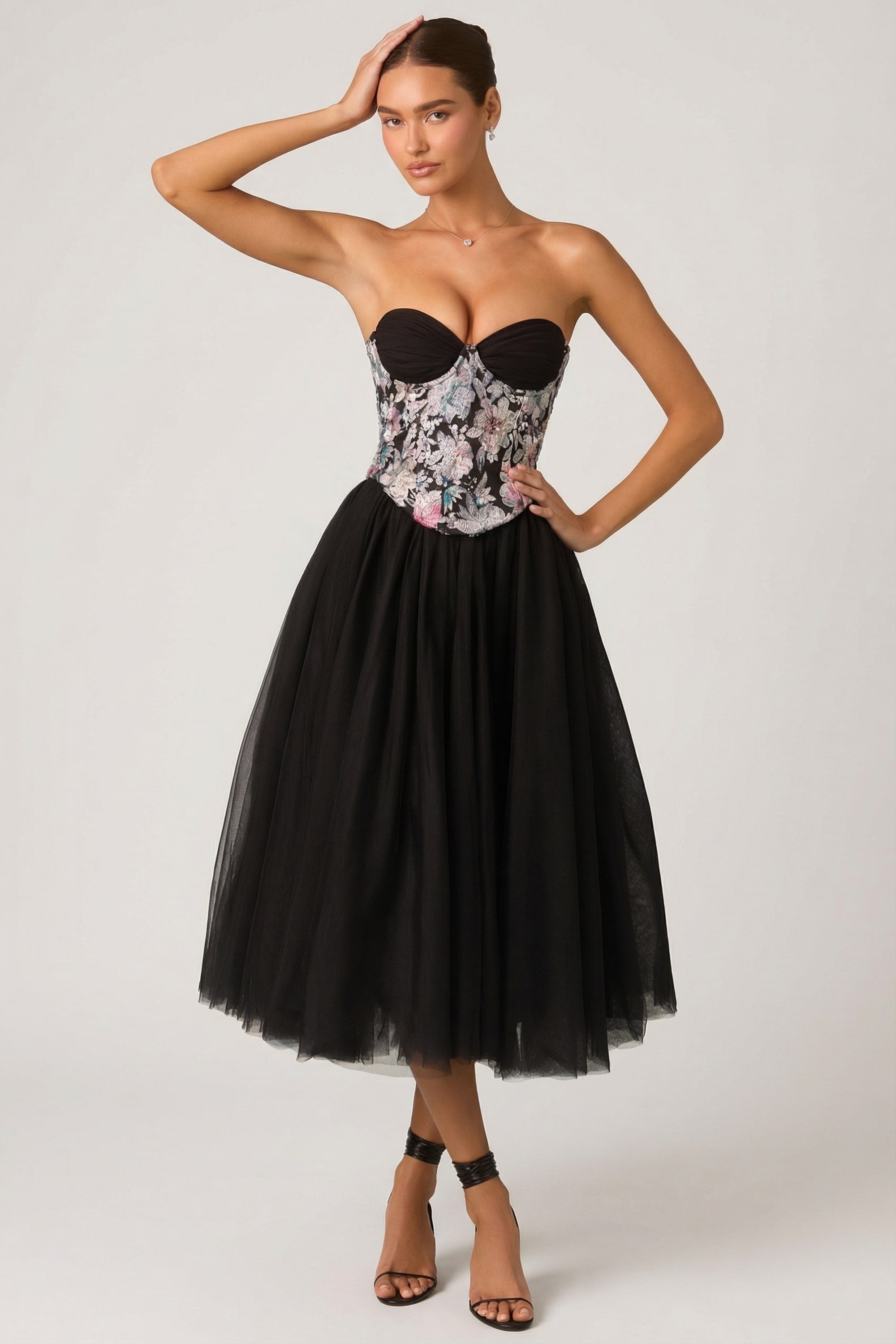 Embellished Lace-Up Cupless Corset in Floral Black